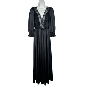 Vintage 70s Lady Cameo Dallas Nightgown Boudoir puff sleeve Lace Trim Black Larg